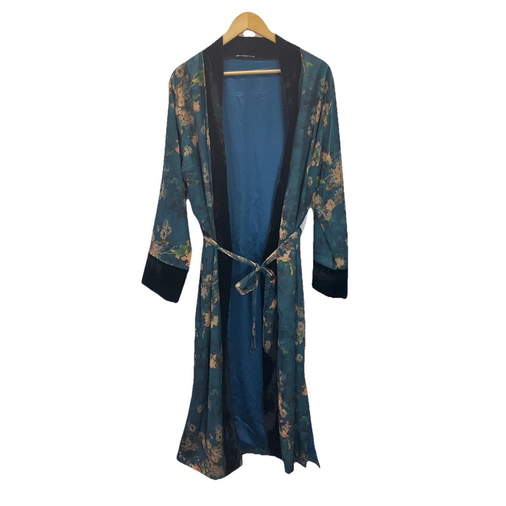 Silk-Feel Teal Floral Long Robe with Belt